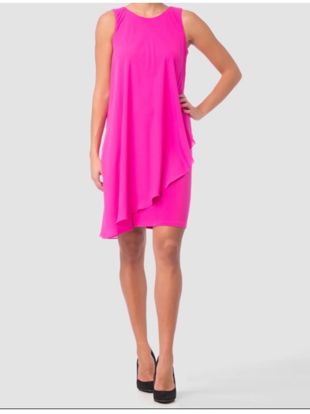 Joseph Ribkoff Fuchsia Asymmetrical Overlay Dress Size 6 Sleeveless Cocktail